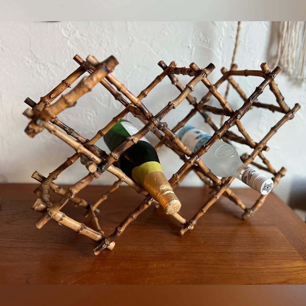 Vintage Boho Bamboo Folding Wine Rack – Mid Century Bar Cart Bottle Holder